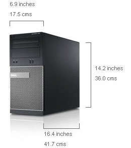 OptiPlex 390 Mini Tower, angled slight to the left, with lines and numbers indicating its dimensions